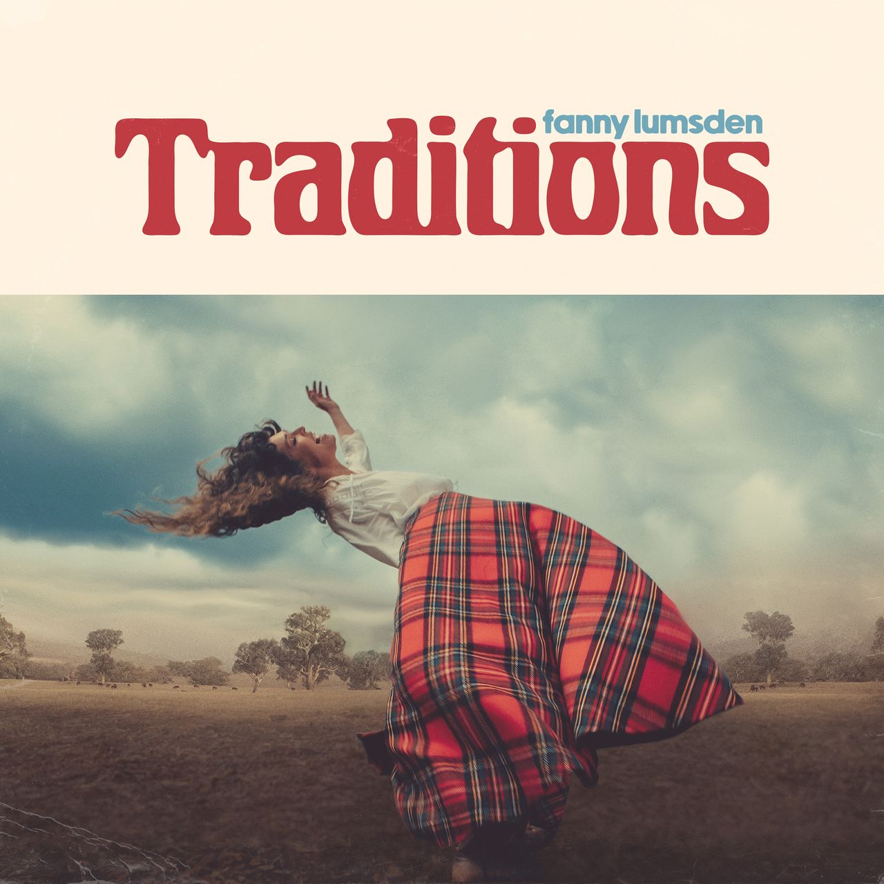 Fanny Lumsden leaning back on her album cover for Traditions